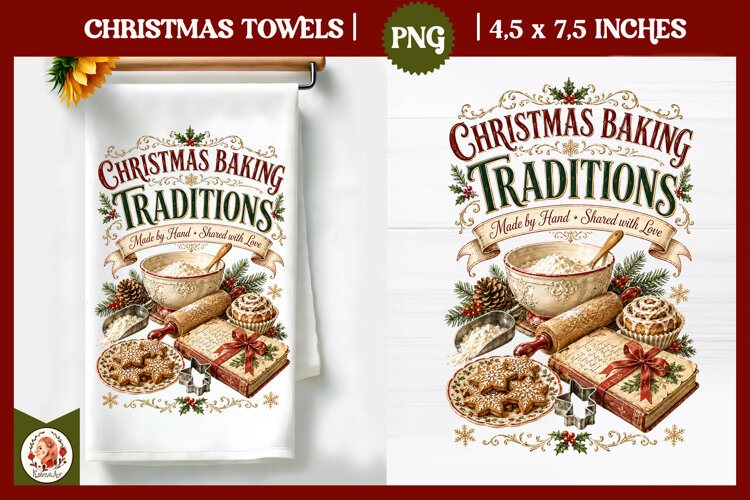 Vintage Christmas Kitchen Towel PNG |Retro farm sublimation example image 1