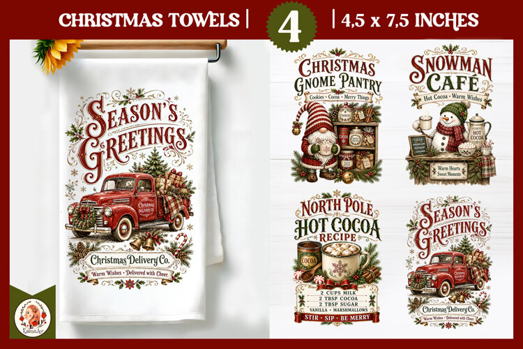 Vintage Christmas Kitchen Towel PNG |Retro farm sublimation example image 1