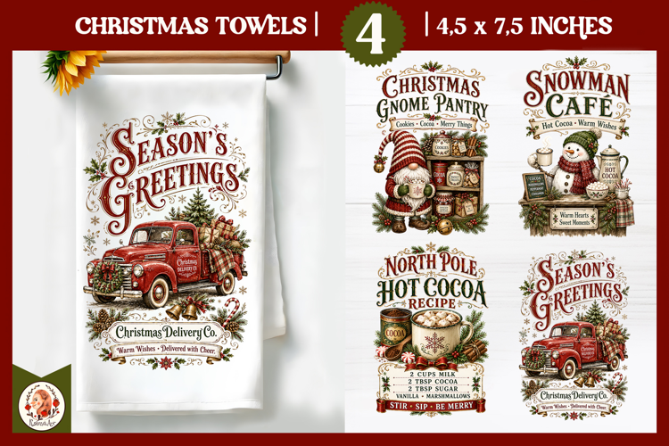 Vintage Christmas Kitchen Towel PNG |Retro farm sublimation