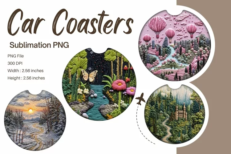 Forest Embroidery Car Coaster Sublimation Keychain Template