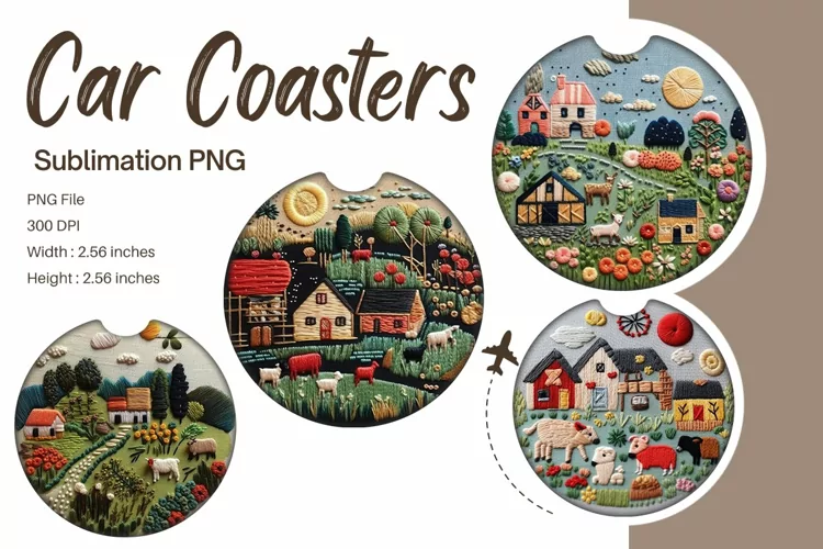 Little House Embroidery Car Coaster Sublimation Template