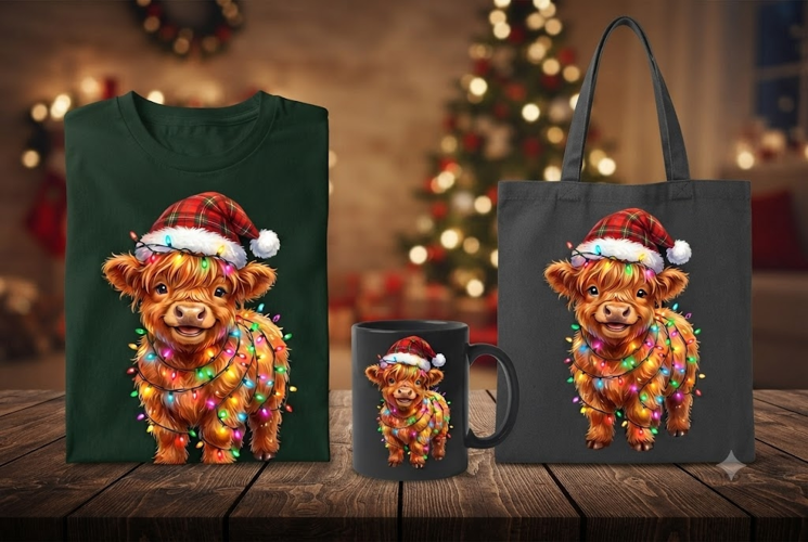 Christmas Highland Cow PNG, Light Up Cow, Santa Hat Clipart