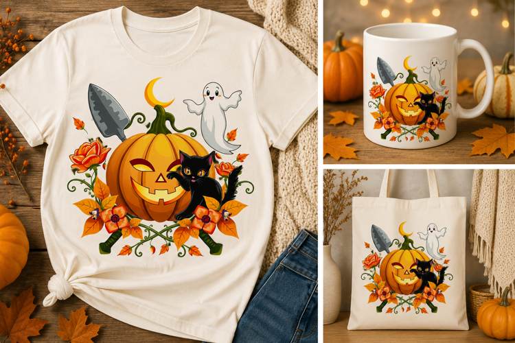 Halloween Pumpkin Cat PNG | Ghost, Moon & Fall Flowers