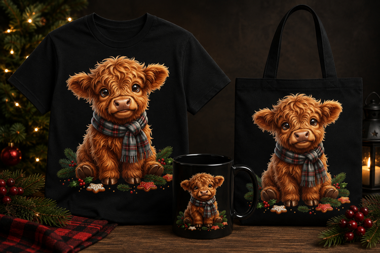 Cute Highland Cow Christmas PNG with Plaid Scarf Winter Art