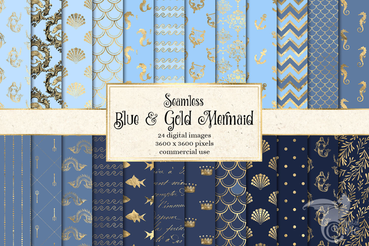 Blue and Gold Mermaid Digital Paper