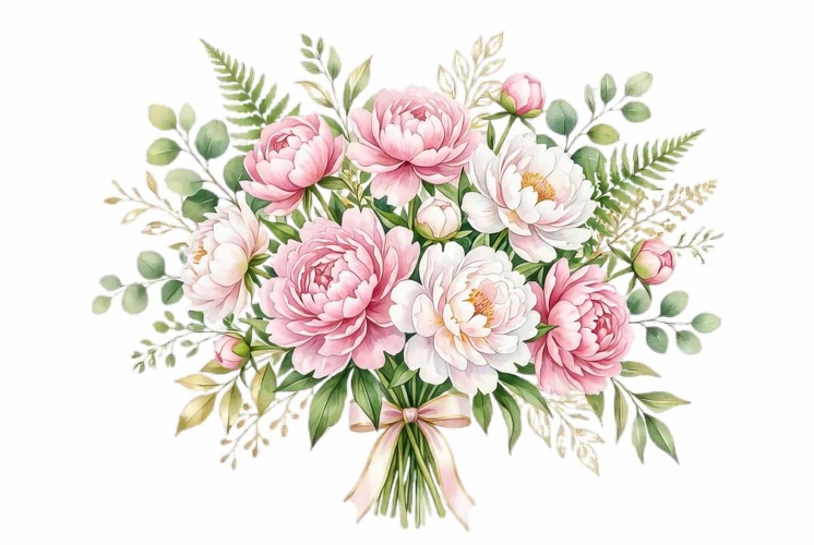 Watercolor soft peony bouquet with green leaves