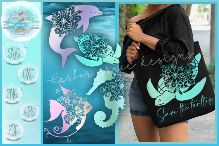 Sea Turtle Dolphin Angel Fish Seahorse Floral Mandala Bundle example image 1