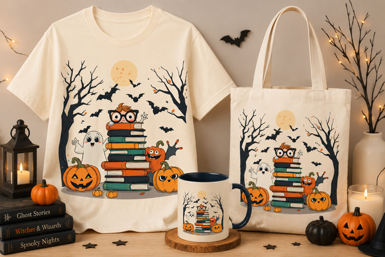 Halloween Book Lovers PNG | Cute Ghost Pumpkin Reading Clipa