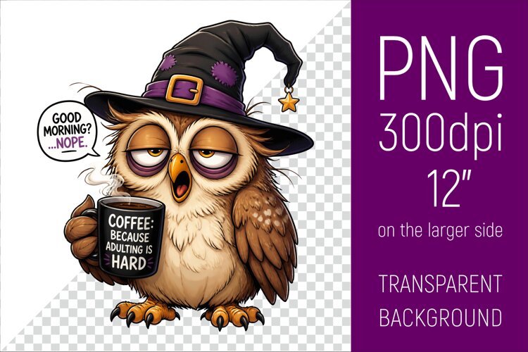 Funny Morning Coffee Owl in Witch Hat | Halloween Clipart example image 1