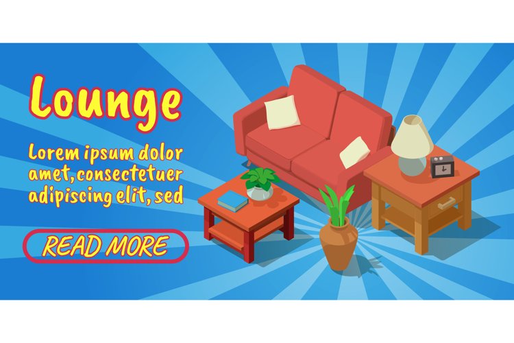Lounge concept banner, comics isometric style