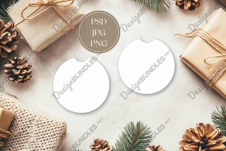 Christmas Car Coasters Mock Up, Flat Lay Mockup Template example image 1