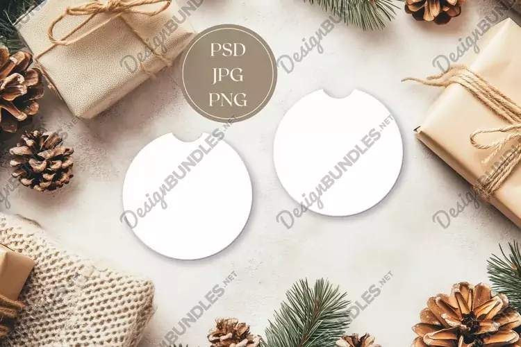 Christmas Car Coasters Mock Up, Flat Lay Mockup Template