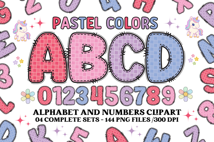 Pastel Patchwork Alphabet & Numbers PNG Clipart Bundle