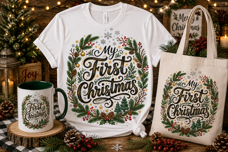 My First Christmas PNG | Elegant Rustic Holiday Wreath Desig