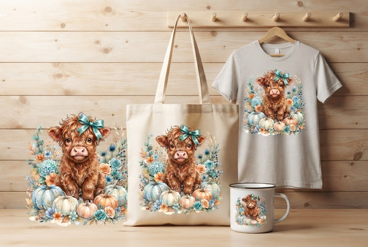 Fluffy Baby Highland Cow Teal Bow Pumpkin Art