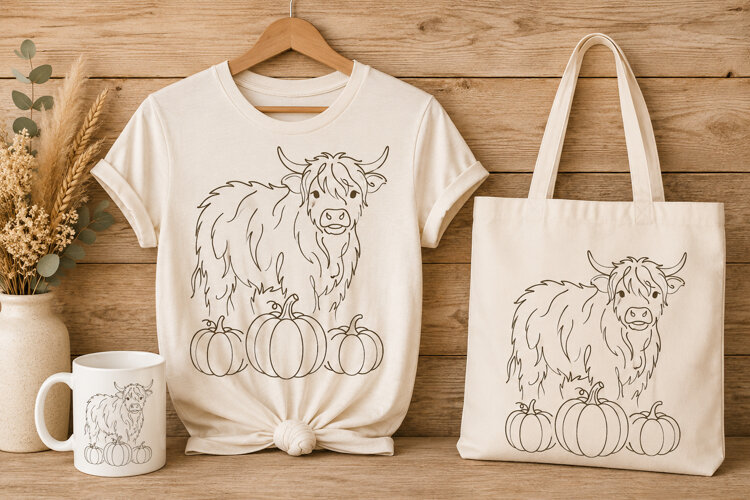 Highland Cow and Pumpkins Line Art Coloring Page PNG example image 1