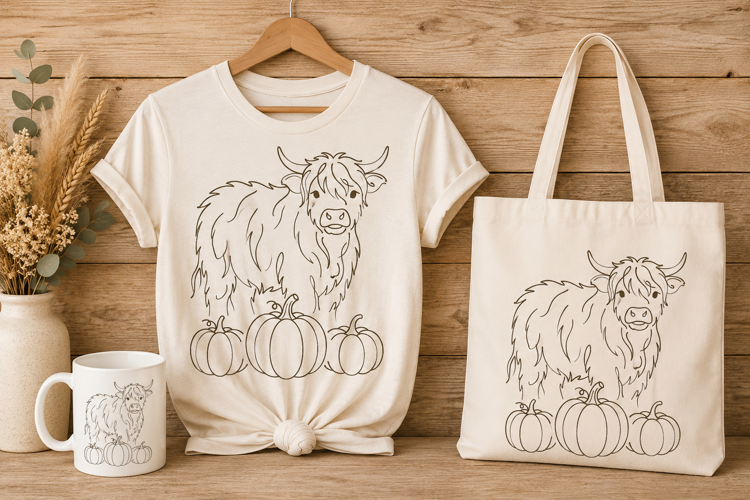Highland Cow and Pumpkins Line Art Coloring Page PNG
