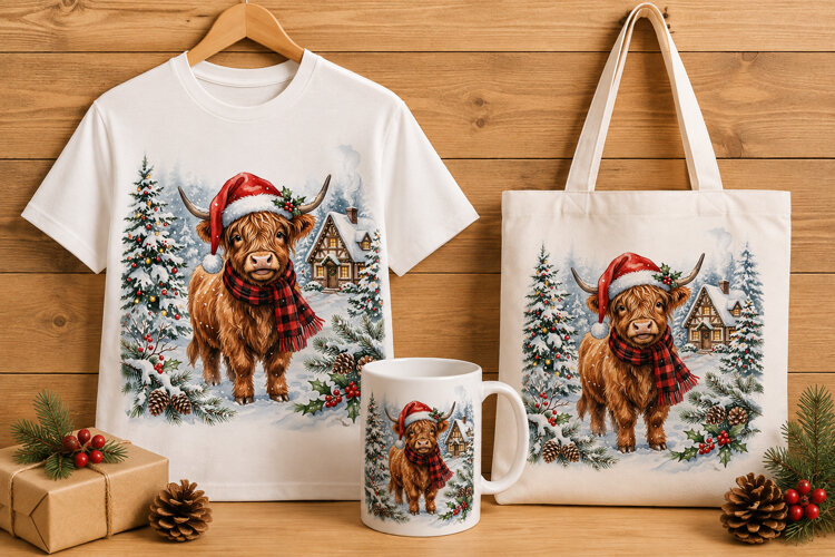Highland Cow in Santa Hat Winter Christmas Art Print example image 1