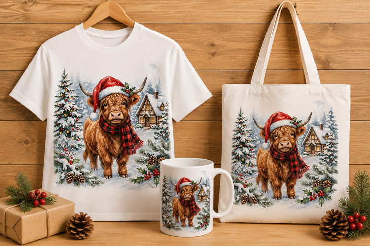 Highland Cow in Santa Hat Winter Christmas Art Print