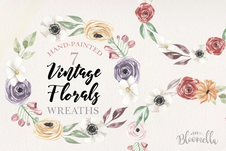 Vintage Floral 7 Wreath Watercolor Red Flower Mustard White