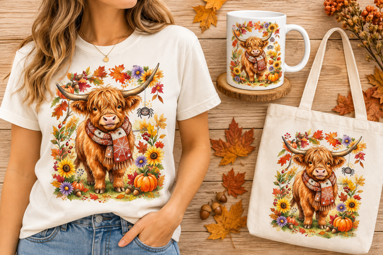 Highland Cow Spiderweb Scarf Autumn Halloween Art