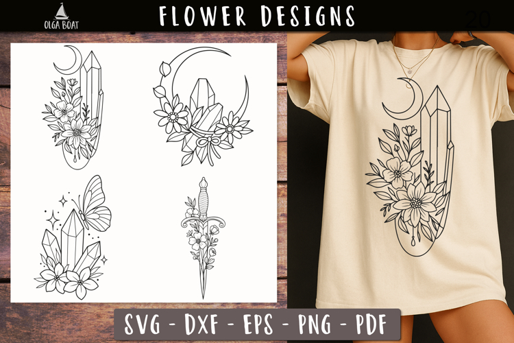 Celestial Floral Line Art SVG Vintage print