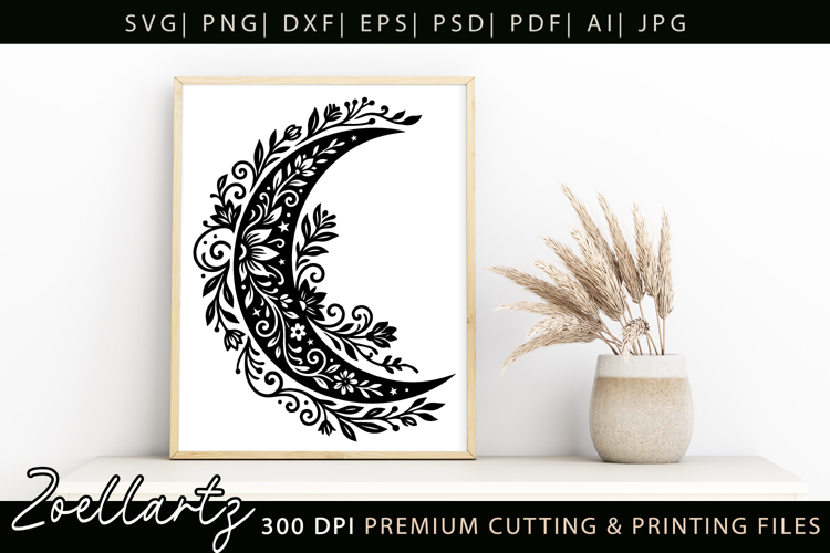 Celestial Floral Moon SVG Cut File Moon Mandala Silhouette