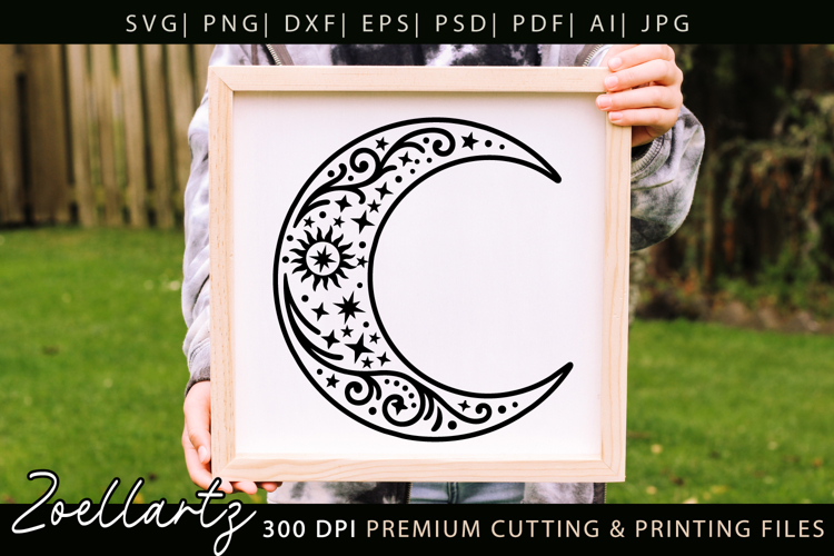 Celestial Moon SVG Cut File Floral Moon Mandala Silhouette