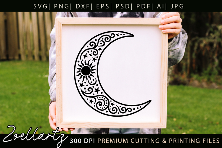 Celestial Moon SVG Cut File Floral Moon Mandala Silhouette