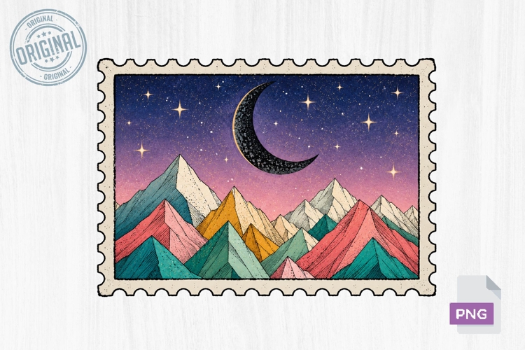 Celestial Moon Mountain Postage Stamp PNG Sublimation Design
