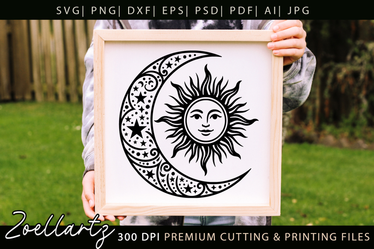 Celestial Moon Sun SVG Cut File Floral Moon Sun Silhouette