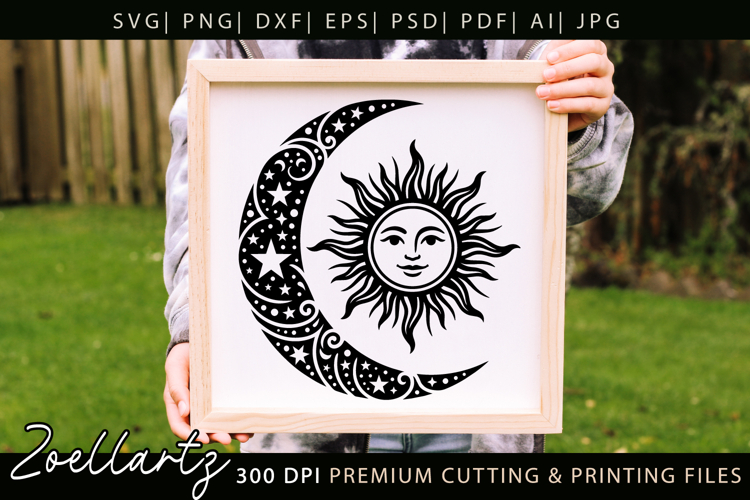 Celestial Moon Sun SVG Cut File Floral Moon Sun Silhouette