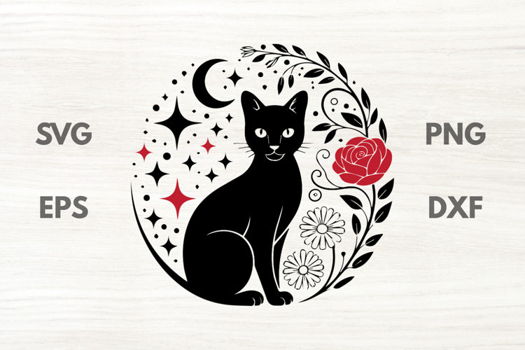 Black Witchy Cat with Moon and Stars SVG