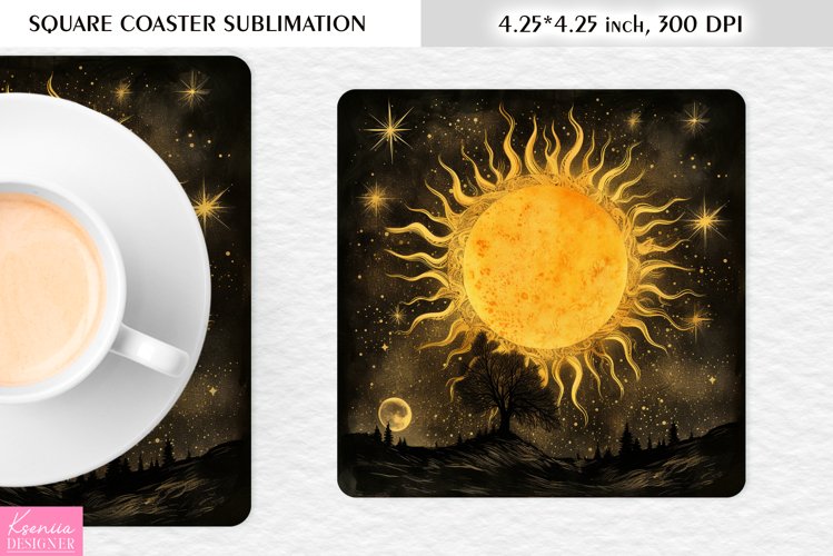 Magical Sun with Face |Celestial Square Coaster Sublimation example image 1