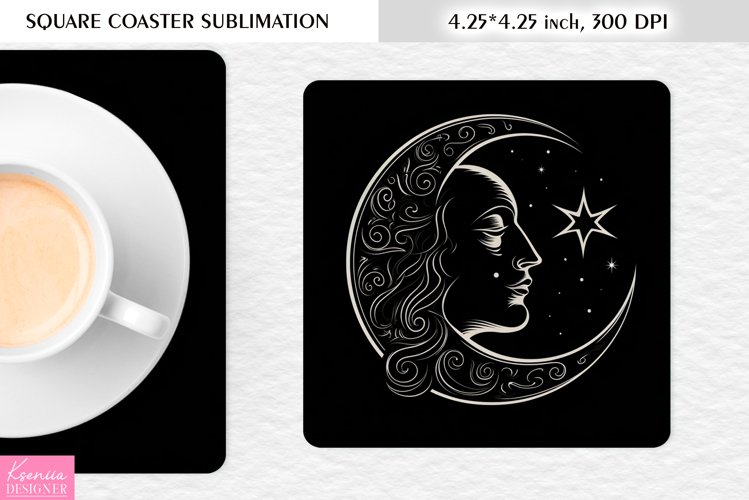 Magical Moon with Face |Celestial Square Coaster Sublimation example image 1