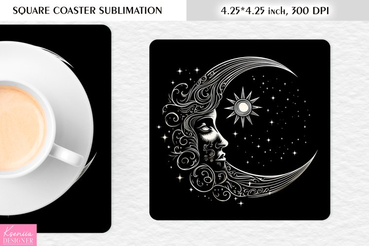 Magical Moon with Face |Celestial Square Coaster Sublimation example image 1