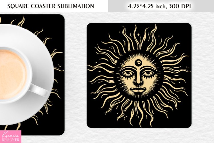 Magical Sun with Face |Celestial Square Coaster Sublimation example image 1