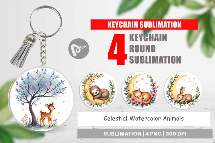 Keychain Celestial Watercolor Animals