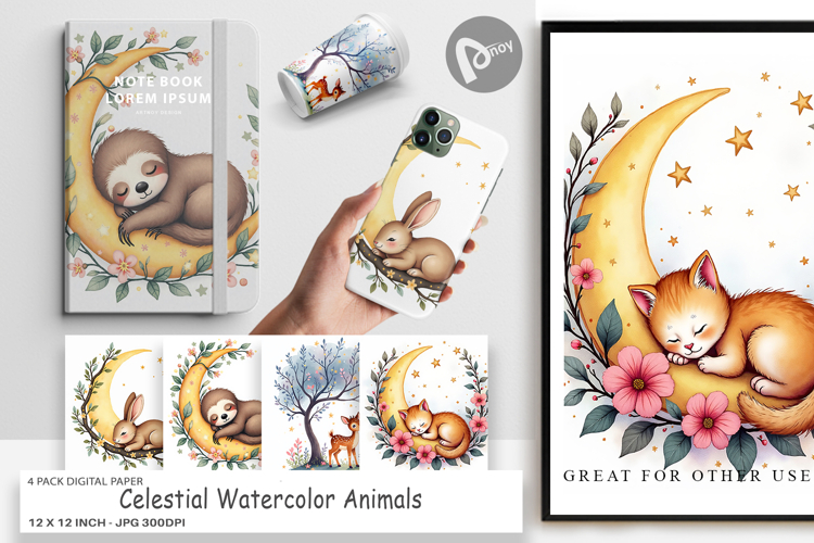 Digital Paper Celestial Watercolor Animals