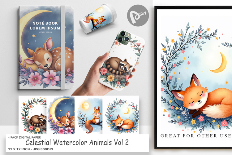 Digital Paper Celestial Watercolor Animals