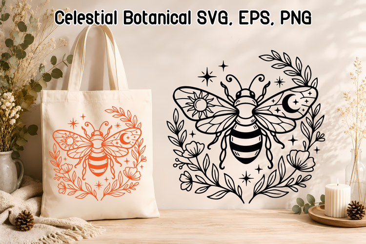 Celestial Bee SVG | Botanical Sun Moon Bee