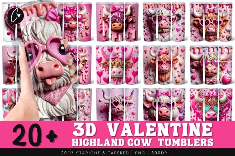 3D Highland Cow Valentines Tumbler Bundle PNG