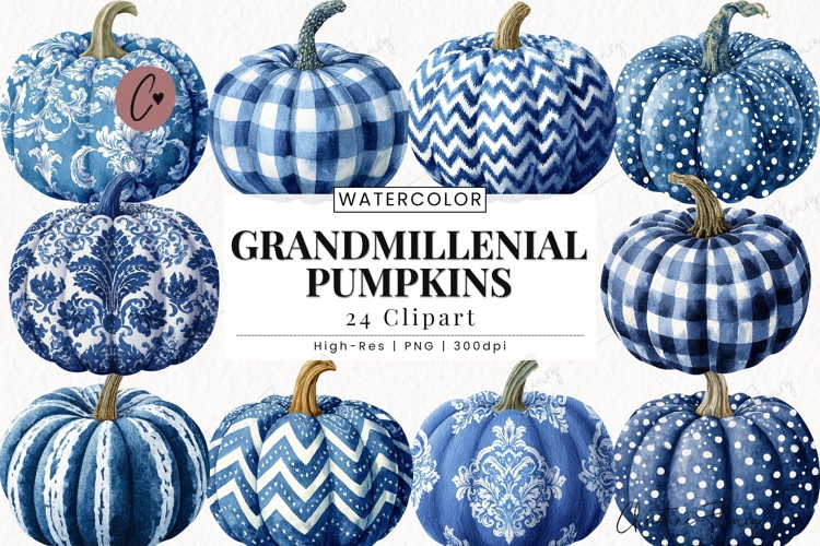 Blue Grandmillennial Pumpkin Clipart Bundle
