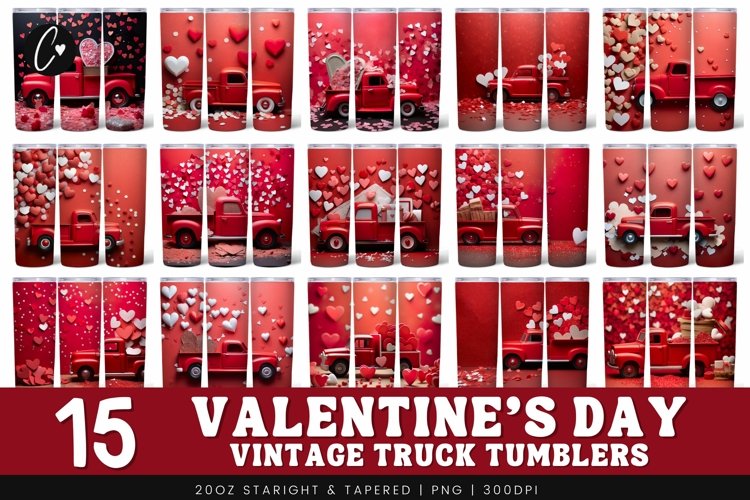 3D Valentine Vintage Truck Tumbler Bundle PNG | 20oz Skinny