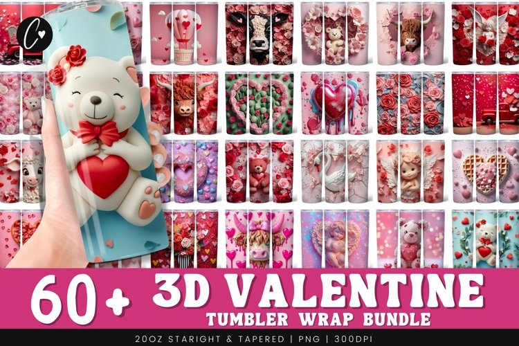 3D Valentines Tumbler Bundle PNG | 20oz Skinny Tumbler