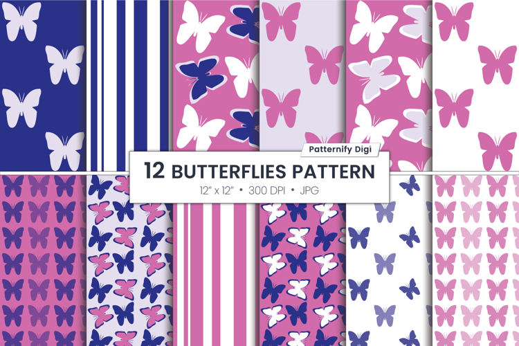 Pink butterfly digital paper, blue butterflies patterns
