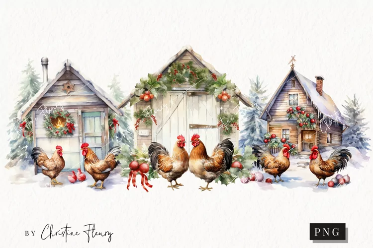 Vintage Festive Chickens Clipart | Christmas Clipart