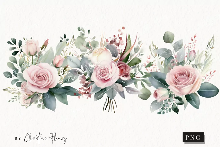 Watercolor Blush Roses & Eucalyptus PNG | Wedding Clipart