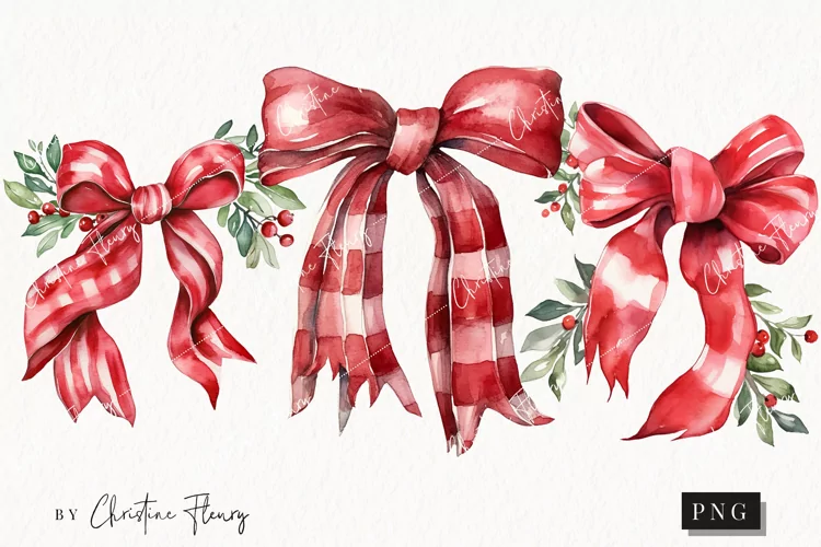 Watercolor Red Bows Clipart | Christmas Clipart
