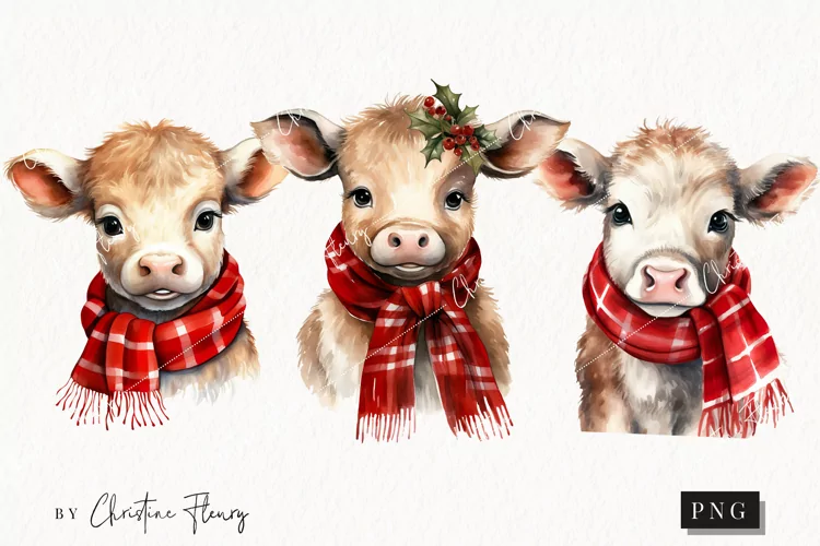 Watercolor Christmas Cows Clipart | Christmas Clipart